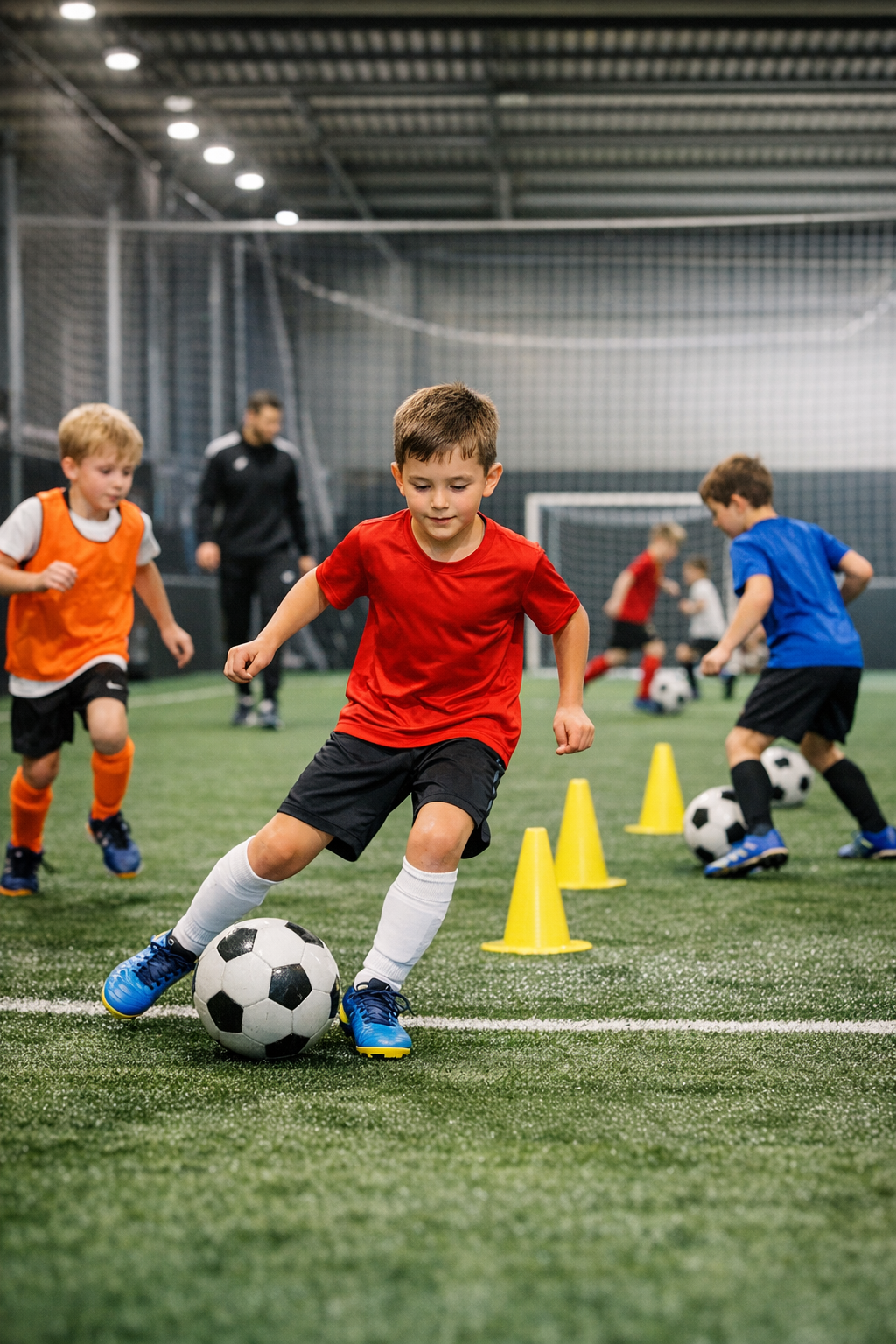 Enfant en entraînement de dribble avec cônes